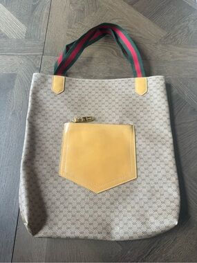 Gucci Beige Monogram Tote with Yellow Front Pocket and Green-Red Striped Handles
